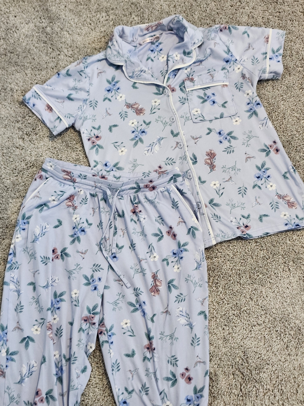 Womens Light Blue Floral Short-Sleeve Pajama Set with Drawstring Pants